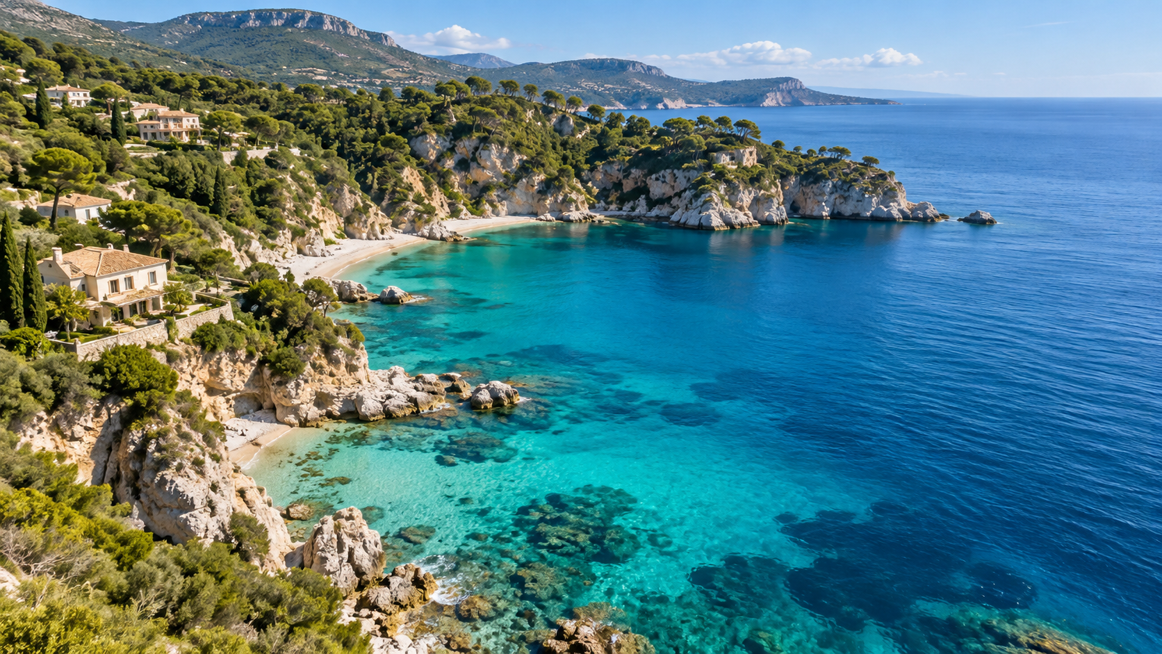 Sunlit coastal bay with turquoise water and hillside villas
